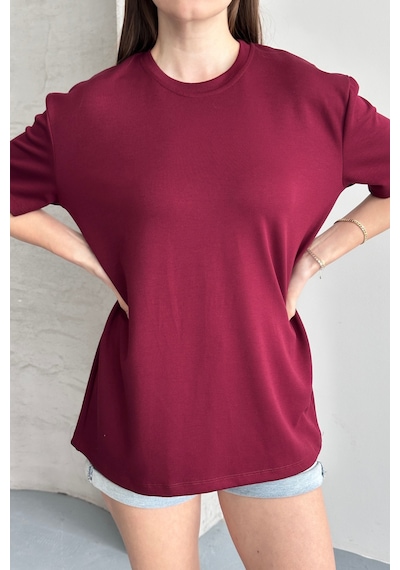 Balenbi Kadın Modal Bisiklet Yaka Basic Yarım Kollu T-shirt 1211 Bordo
