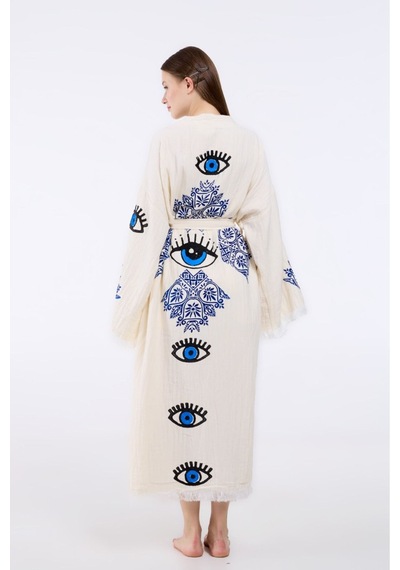 Befera Müslin Kimono Pamuklu Etnik Göz Baskılı Desenli Bornoz Kaftan Sabahlık Ekru