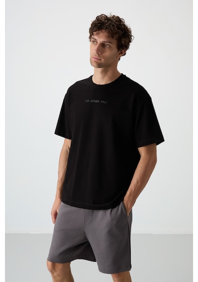 Air Jones Tommy Life Siyah Pamuklu Kalın Yüzeyi Dokulu Oversize Fit Baskılı Erkek T-shirt - 88364 Siyah