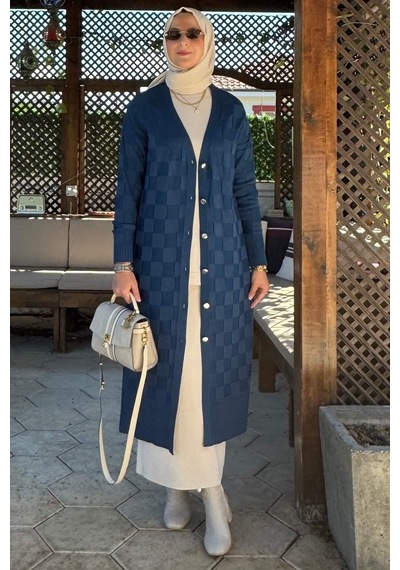Rabia Şamlı Dama Desenli Triko Hırka İndigo Normal