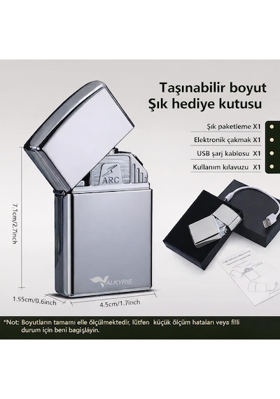 Valkyrie Usb Şarjlı Elektronik Çakmak / 4 Elektrotlu X Tip Mor Arc / Rüzgar Geçirmez, Alevsiz Silver Çok Renkli