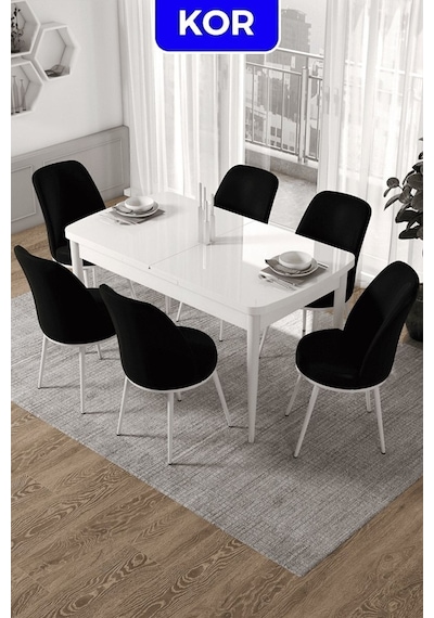 Canisa Kor Serisi 70x114 Açılabilir Mutfak Masası Takımı Beyaz Masa 6 Siyah Sandalye Masa Beyaz Sandalyeler Siyah Canisa Kor Serisi 70x114 Açılabilir Mutfak Masası Takımı Beyaz Masa 6 Siyah Sandalye Masa Beyaz Sandalyeler Siyah