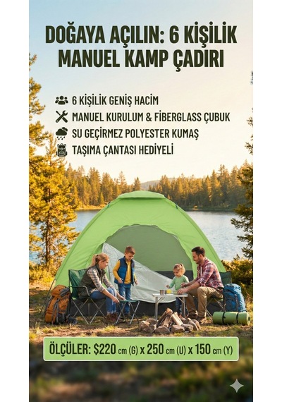 Çadır Su Geçirmez Geniş Kampçı 6 Kişilik 220x250x150cm Barınma Ünitesi Aile Çadırı Macera Malzemesi Çok Renkli
