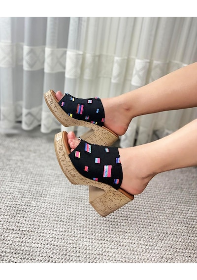 Asmi Shoes Kadın Gresa Siyah Kot Mantar Taban Ortopedik Platform Topuklu Terlik