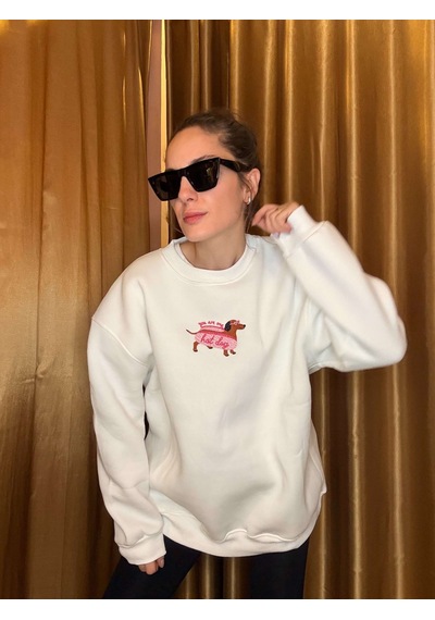 Ali Butik Beyaz Dog Nakış İşlemeli Şardonlu Sweatshirt Beyaz