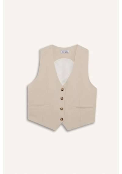 DeFacto 	V Yaka Keten Karışımlı Blazer Yelek E6209AX25SPBG286 Bej