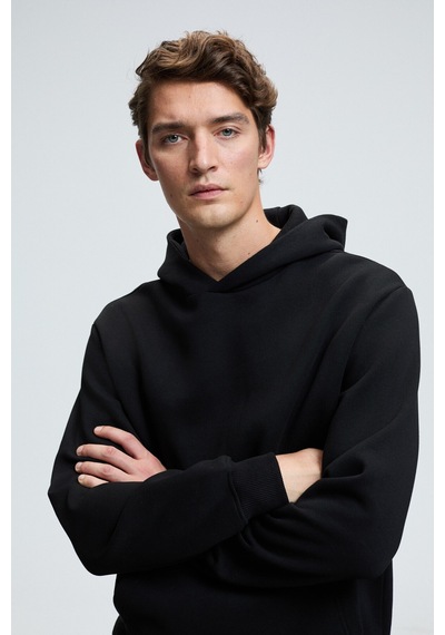 Grimelange AMOS Erkek Yumuşak Kumaşlı 3 İplik Oversize Kapüşonlu Kanguru Cepli Siyah Sweatshirt