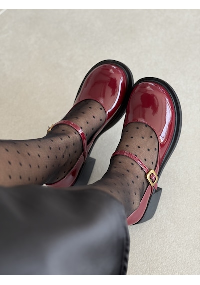 Selin Shoes Nora Kısa Topuklu Bilek Detaylı Gold Aksesuarlı Kadın Loafer- Bordo Rugan