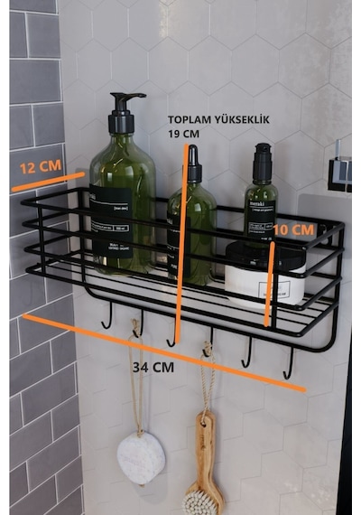 Paslanmaz Yapışkanlı 6 Kancalı Süper Lüks Banyo Düzenleyici,banyo Aksesuar Şampuanlık Banyo Rafı Siyah
