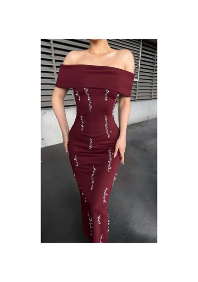 DefyModa Kadın Scuba Esnek Kumaş Straplez Taş Detaylı Abiye Elbise Bordo