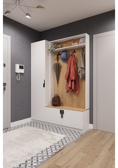 Lüks Çok Raflı Portmanto Askılı Vestiyer %100 MDF  Çok Raflı Ayakkabılık V01
