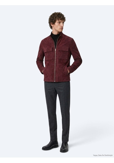 Kip Bordo Regular Fit Dik Yaka Casual Süet Deri Mont