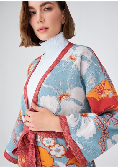Peraluna Çicek Desenli Bol Kesim Pamuklu Kadın Triko Kimono-Çok Renkli