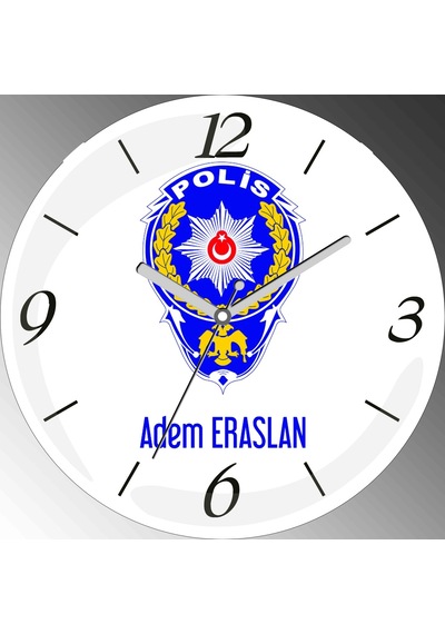 Kişiye Özel Polis Logolu Çap 30cm Sessiz Akar Bombeli Gerçek Cam Duvar Saati Çok Renkli
