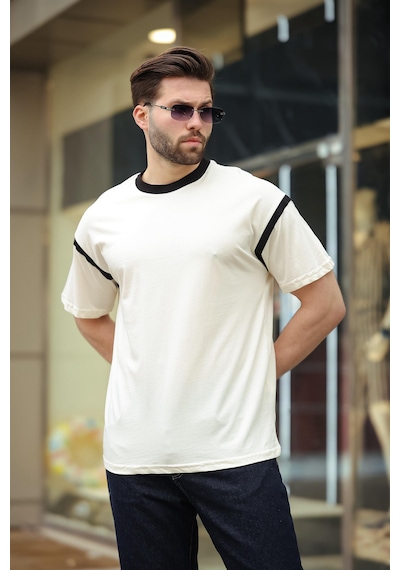 Madmext Ekru Bisiklet Yaka Regular Fit Erkek T-shirt E7126 Ekru