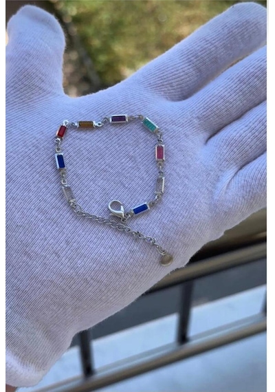 Kadın Gümüş Renk Renkli Zirkon Taşlı Özel Tasarım Bileklik 18 Cm Gümüş