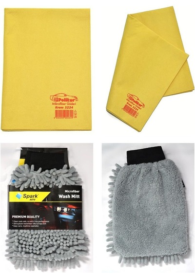 Polikur 3224 Mikrofiber Güderi Oto Kurulama Bezi & Spark 7050 Şönil Oto Temizlik Eldiveni 2'li Set