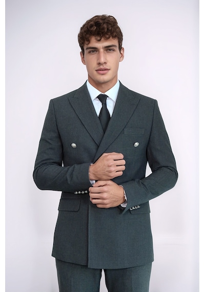 Gümüş Renk Metal Düğmeli Slim Fit Kruvaze Koyu Gri Erkek Takım Elbise Wessi Füme