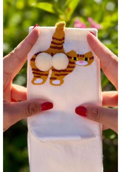 Lousocks Unisex Bej Yan Profil Tekir Kedi Desenli Ponpon Soket Çorap