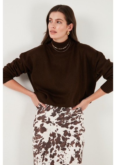 Lela Premium Oversize Fit Balıkçı Yaka Yumuşak Dokulu Triko Bayan Kazak 680Kz00469 Kahve