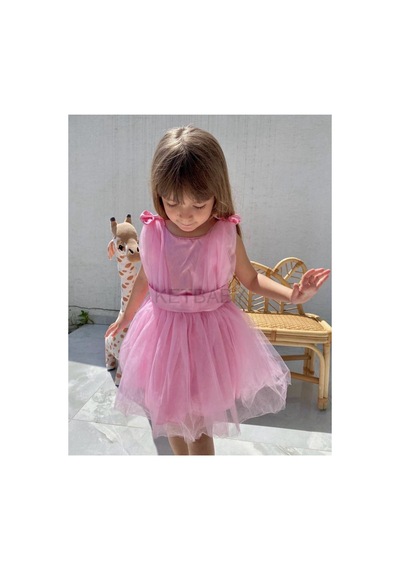 Ketbaby Kız Çocuk Fiyonk Detay Kuşaklı Kısa Kol Elbise Pembe Pembe