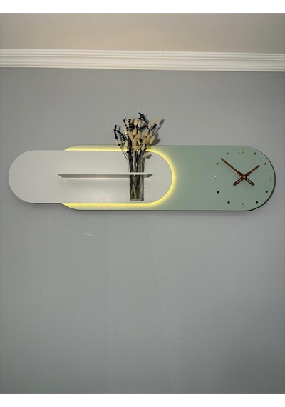Kardelen Ahşap Pilli Ledli İskandinav Tarzı Salon Duvar Rafı Modern Çiçeklik 112 X 28 Cm Paris Grisi - Yeşil
