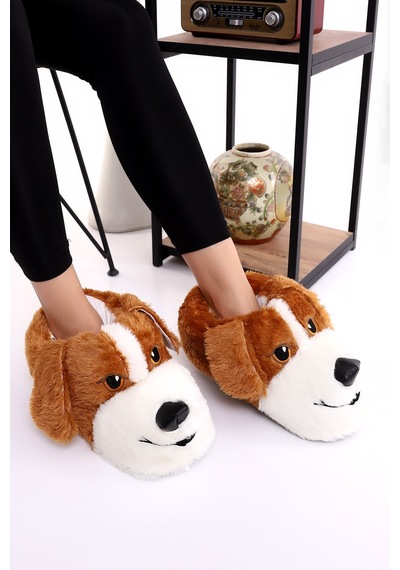 Wordex Hayvanlı H10 Köpekli Kışlık Kadın Erkek Çocuk Panduf Ev Içi Sessiz Taban Panduf Taba