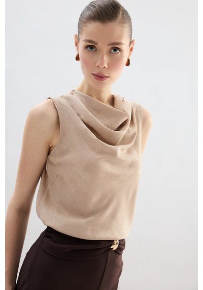 Sateen Degaje Yaka Bluz - Bej-136753 Bej