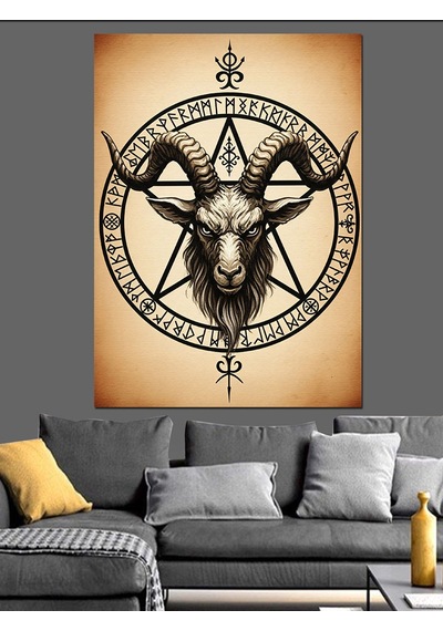 Baphomet Keçi Kafası Pentagram Dekoratif Kanvas - Mdf Ahşap Tablo