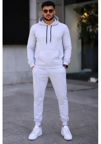 Defymoda Erkek İki İplik Kapüşonlu Kanguru Cepli Sweatshirt Jogger Pantolon Alt Üst Eşofman Takımı -beyaz