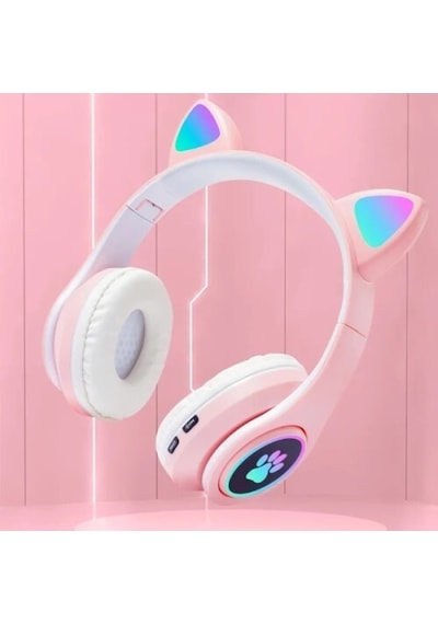 Kedi Figürlü Bluetooth Kulaklık Pembe Renkli