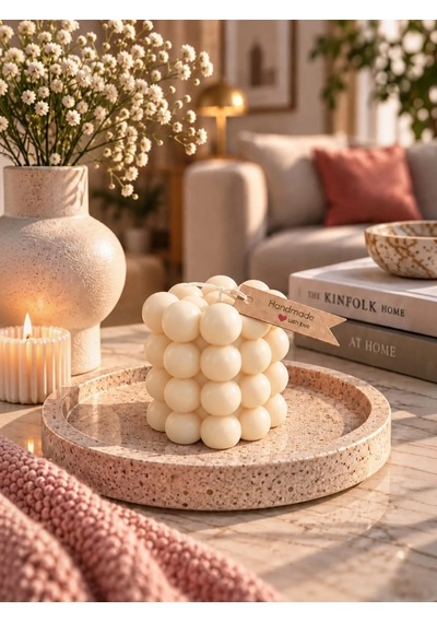 Mumelia Bubble Küre - Doğal Soya Blok Dekoratif Mum - Krem