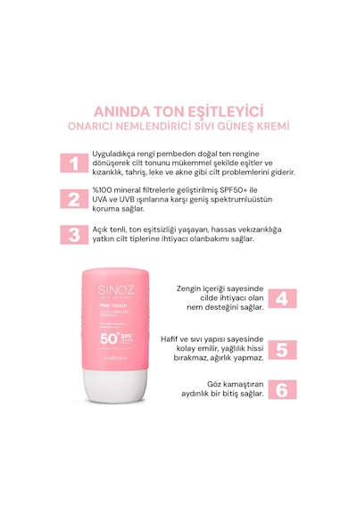 Sinoz Pink Touch Yüksek Koruyucu Ton Eşitleyici Pembe Yüz Güneş Kremi SPF50+ 50 ML