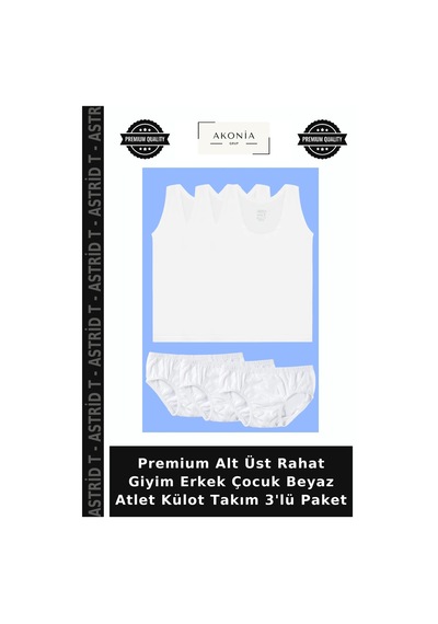 Astrid T Premium Alt Üst Rahat Giyim Erkek Çocuk Beyaz Atlet Külot Takım 3'lü Paket Astrid T Premium Alt Üst Rahat Giyim Erkek Çocuk Beyaz Atlet Külot Takım 3'lü Paket