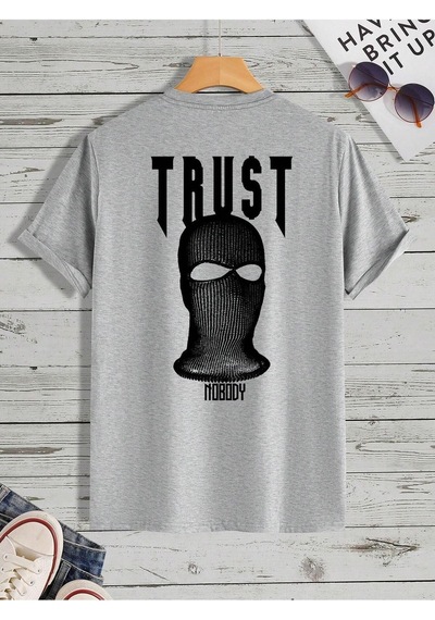 Trust Mast Süprem T-shirt - Gri Baskılı Oversize Bisiklet Yaka Kısa Kol Tişört Gri