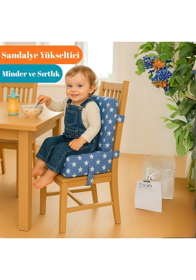 Miralay Bebekler ve Çocuklar İçin Sandalye Yükseltici Mama Sandalyesi Minderi Mavi Yıldız