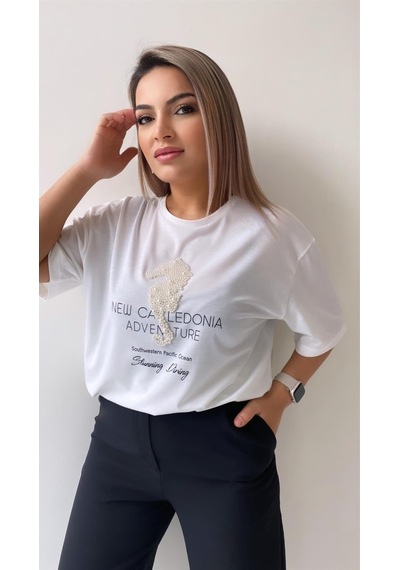 Inci Işlemeli Adven Ture Tişört /ekru Beyaz