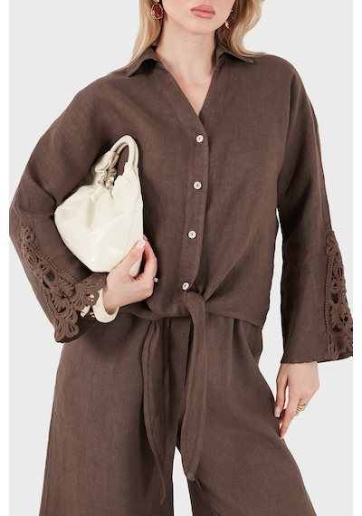 Via Dante Relaxed Fit Güpür Detaylı Uzun Kollu Keten Gömlek Bayan Gömlek 699e31842 Kahve