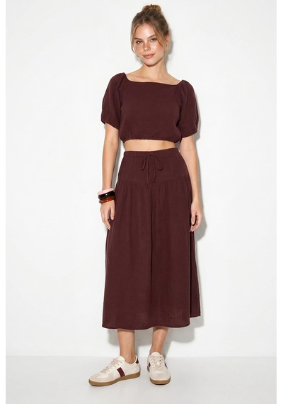 Shade Kadın Balon Kollu Crop Bluz Bağlama Detaylı Pamuklu Müslin Etek Takım Yc2728 60286287 - Mürdüm Shade Kadın Balon Kollu Crop Bluz Bağlama Detaylı Pamuklu Müslin Etek Takım Yc2728 60286287 - Mürdüm