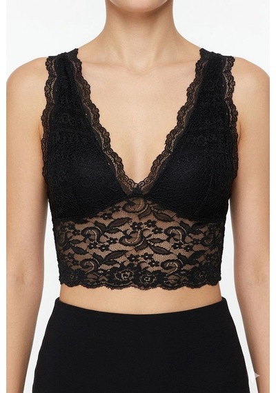 Primemagazam Kadın Dantel Bralet Crop Sütyen V Yaka Askılı Şık Esnek Rahat - Siyah Çeşitli
