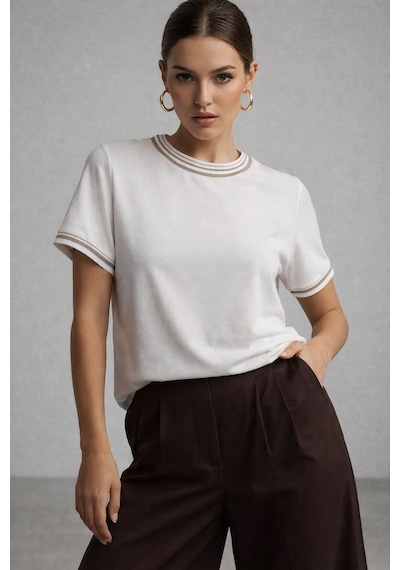 Kadın Beyaz Bisiklet Triko Yaka Kısa Kollu Basic T-shirt Beyaz