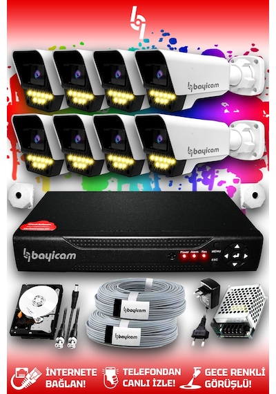 Bayicam 8 Kameralı Süper 8 Dış Kamera Set 250 GB 5 MP 2K Renkli Gece Görüşlü Güvenlik Kamerası Sistemi