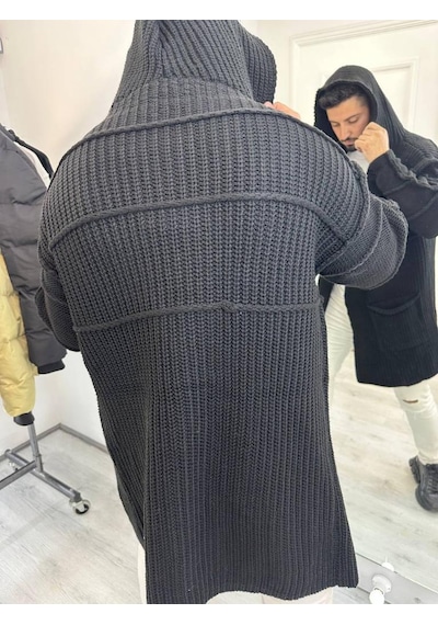 Elku Moda Elkumoda Hırka Kapüşonlu Cepli Örgü Triko Uzun Panço Hırka Hırka2785-HIRKA2785