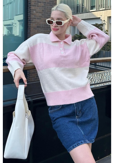 Madmext Pembe Düğmeli Polo Yaka Çizgili Kadın Kazak Mg2286 Pembe