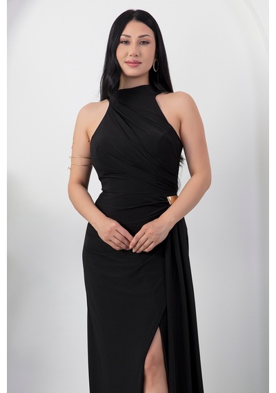 Kalopya Halter Yaka Drapeli Tokalı Abiye Elbise Ecr5862 Siyah