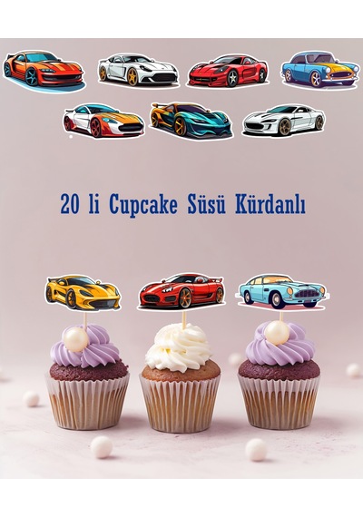 20 Adet Spor Yarış Arabası Erkek Çocuk Cupcake Pasta Kurabiye