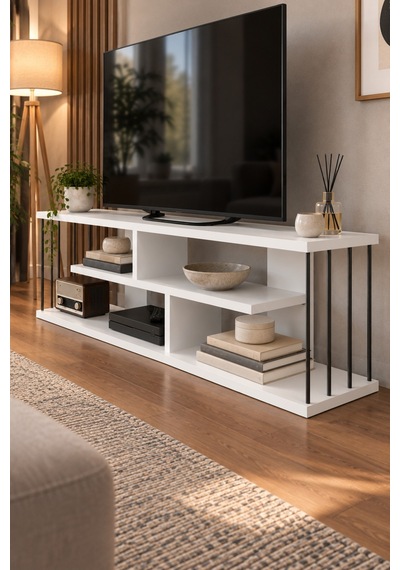 Sulorahome 140 Cm Tv Unit With Shelves And Metal Side Supports Beyaz