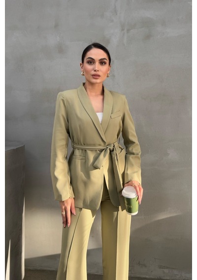 Msm Fashion Kadın İkili Kuşaklı Blazer Ceket Pantolon Takım Açık Haki