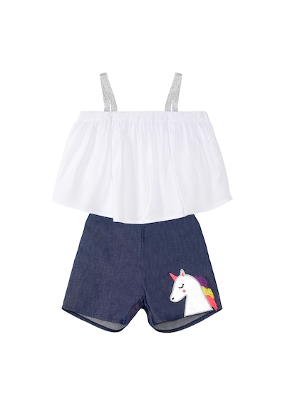 Renkli Püsküllü Unicorn Kız Çocuk Yazlık Bluz Denim Şort Takım