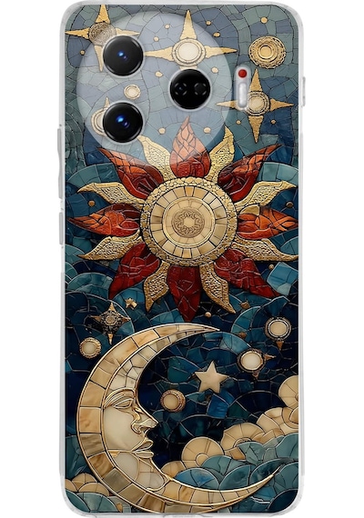 Printify Tecno Camon 30 Pro 5g İle Uyumlu Vitray Sol Ve Luna Tasarımlı Şeffaf Silikon Kılıf Şeffaf